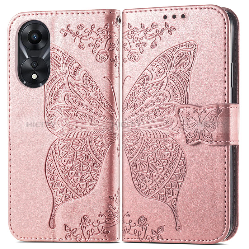 Coque Portefeuille Papillon Livre Cuir Etui Clapet pour Oppo A18 Or Rose Plus