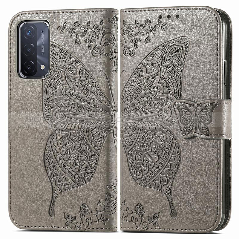 Coque Portefeuille Papillon Livre Cuir Etui Clapet pour Oppo A54 5G Gris Plus