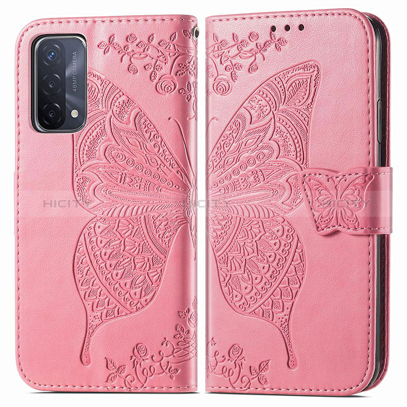 Coque Portefeuille Papillon Livre Cuir Etui Clapet pour Oppo A54 5G Rose Rouge Plus