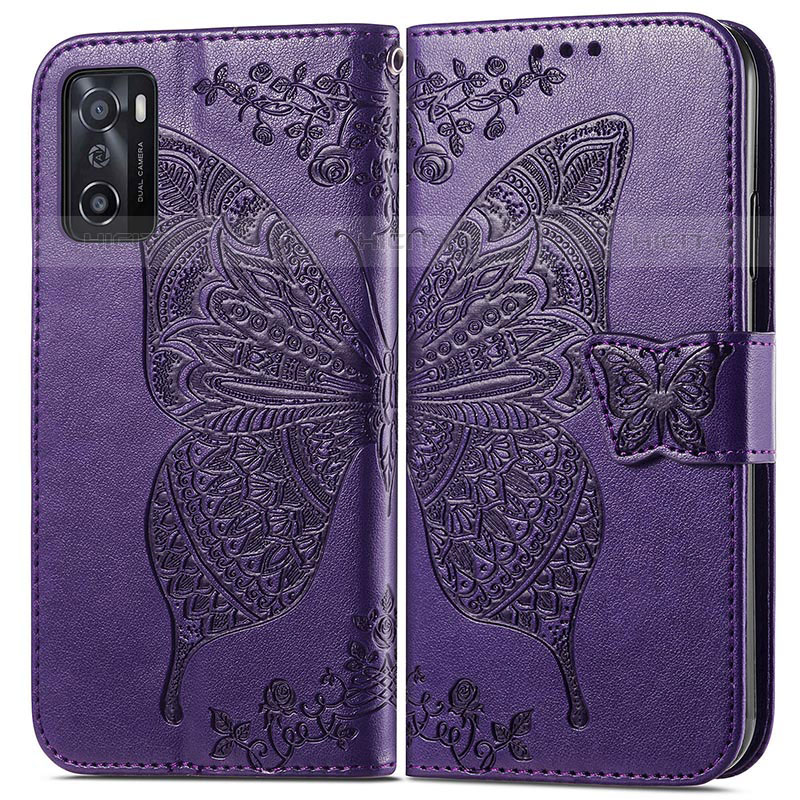 Coque Portefeuille Papillon Livre Cuir Etui Clapet pour Oppo A55S 5G Violet Plus