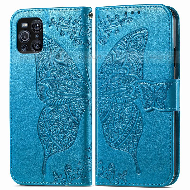 Coque Portefeuille Papillon Livre Cuir Etui Clapet pour Oppo Find X3 Pro 5G Bleu Plus