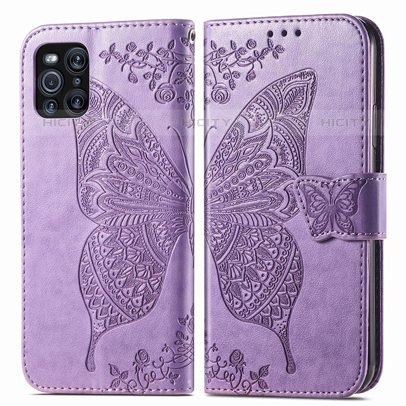 Coque Portefeuille Papillon Livre Cuir Etui Clapet pour Oppo Find X3 Pro 5G Violet Clair Plus