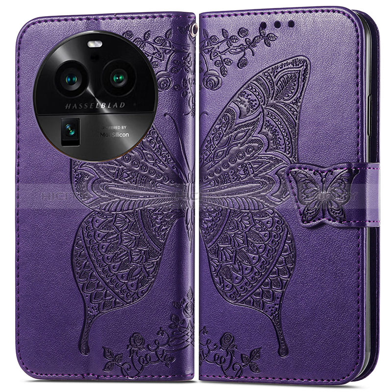 Coque Portefeuille Papillon Livre Cuir Etui Clapet pour Oppo Find X6 5G Violet Plus