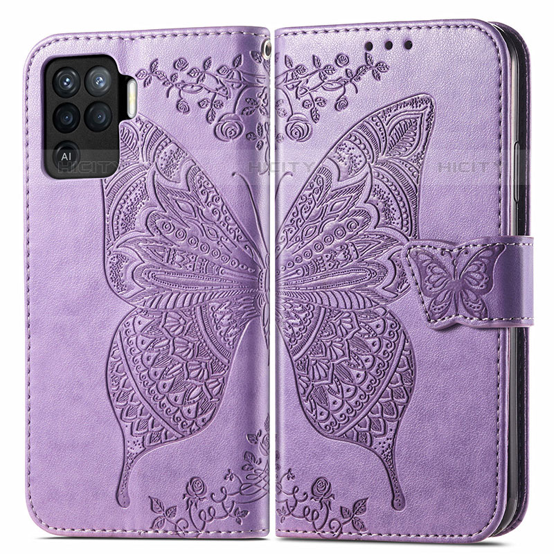 Coque Portefeuille Papillon Livre Cuir Etui Clapet pour Oppo Reno5 F Violet Clair Plus