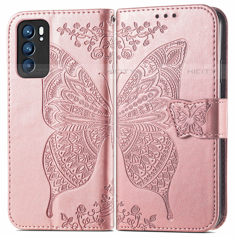 Coque Portefeuille Papillon Livre Cuir Etui Clapet pour Oppo Reno6 5G Rose Plus