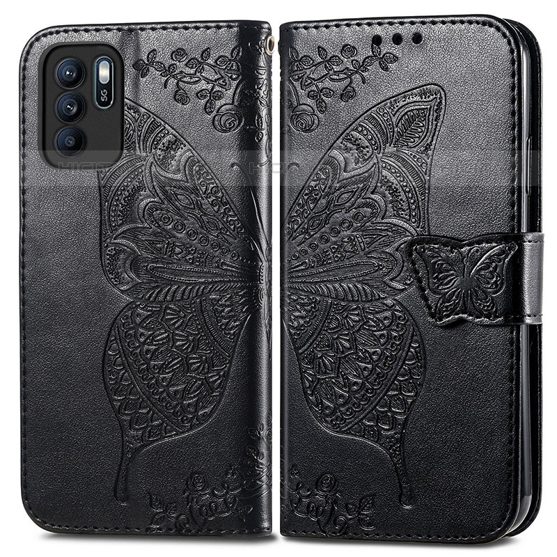 Coque Portefeuille Papillon Livre Cuir Etui Clapet pour Oppo Reno6 Z 5G Noir Plus