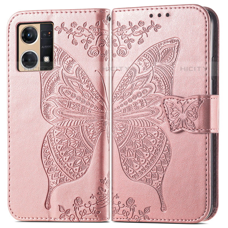 Coque Portefeuille Papillon Livre Cuir Etui Clapet pour Oppo Reno7 4G Rose Plus