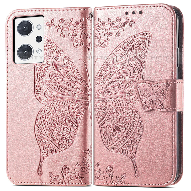 Coque Portefeuille Papillon Livre Cuir Etui Clapet pour Oppo Reno7 A Rose Plus