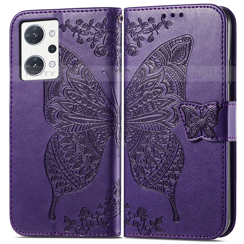 Coque Portefeuille Papillon Livre Cuir Etui Clapet pour Oppo Reno7 A Violet Plus