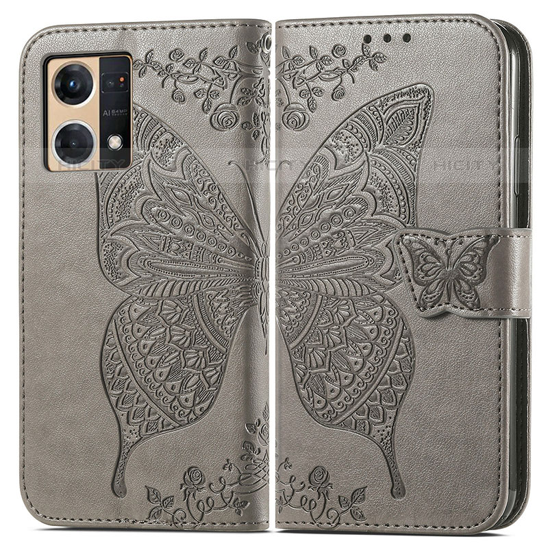 Coque Portefeuille Papillon Livre Cuir Etui Clapet pour Oppo Reno8 4G Gris Plus