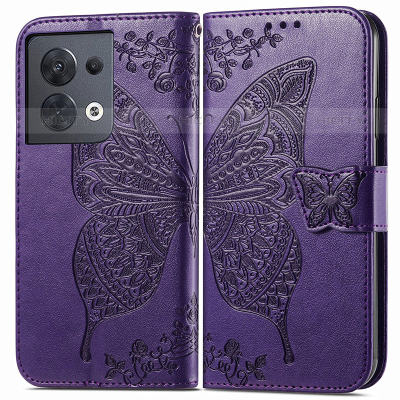 Coque Portefeuille Papillon Livre Cuir Etui Clapet pour Oppo Reno9 5G Violet Plus