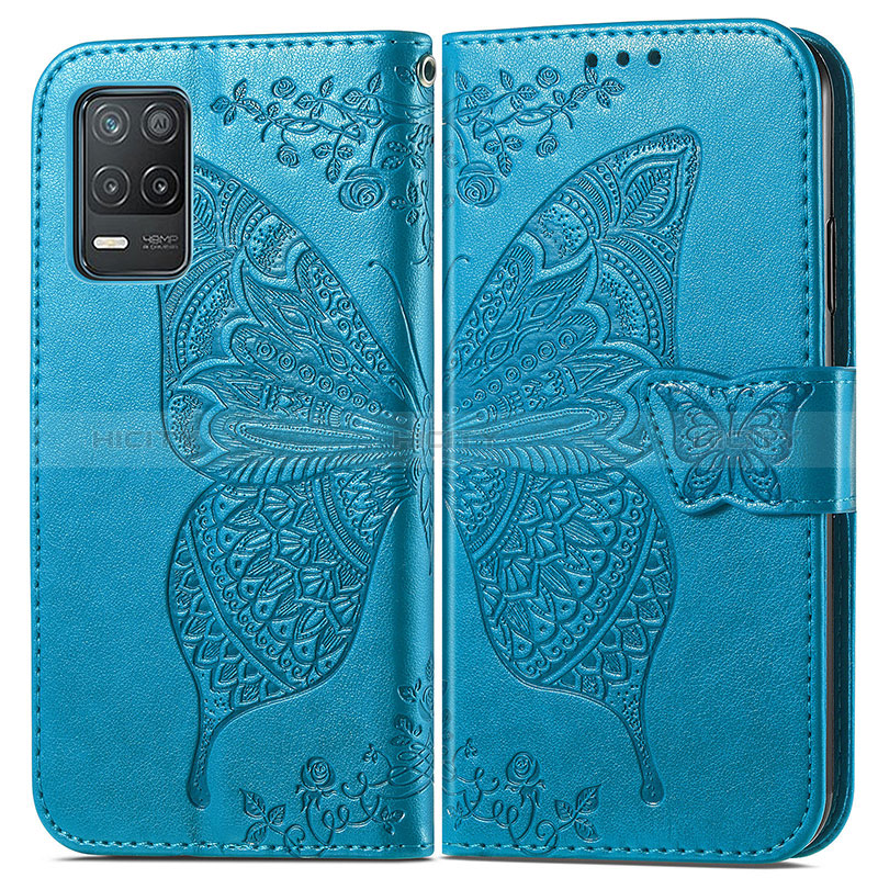 Coque Portefeuille Papillon Livre Cuir Etui Clapet pour Realme 8 5G Bleu Plus