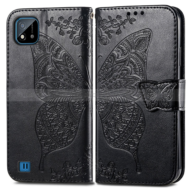 Coque Portefeuille Papillon Livre Cuir Etui Clapet pour Realme C20 Noir Plus