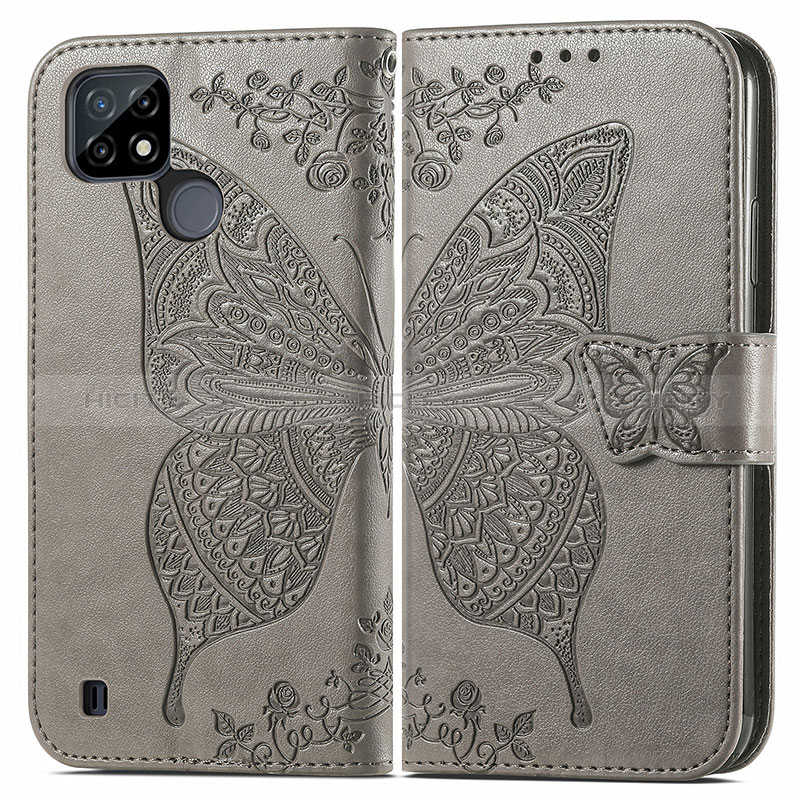 Coque Portefeuille Papillon Livre Cuir Etui Clapet pour Realme C21 Gris Plus