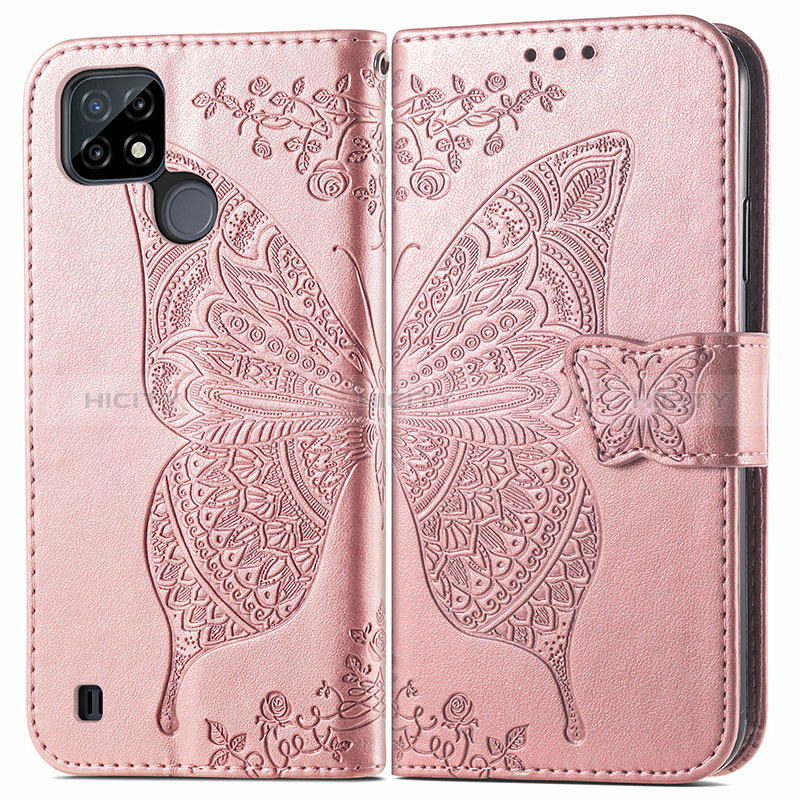 Coque Portefeuille Papillon Livre Cuir Etui Clapet pour Realme C21 Or Rose Plus