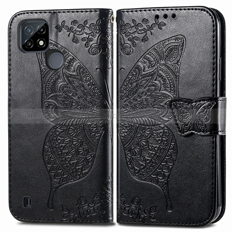 Coque Portefeuille Papillon Livre Cuir Etui Clapet pour Realme C25Y Noir Plus