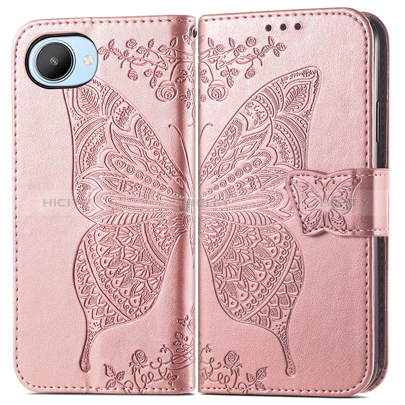 Coque Portefeuille Papillon Livre Cuir Etui Clapet pour Realme C30 Or Rose Plus