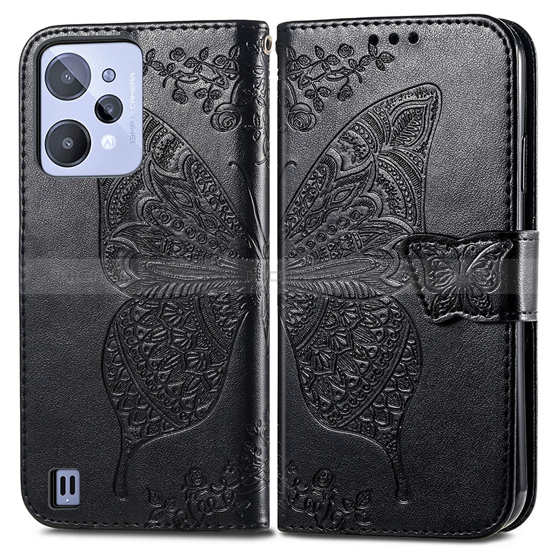 Coque Portefeuille Papillon Livre Cuir Etui Clapet pour Realme C31 Noir Plus