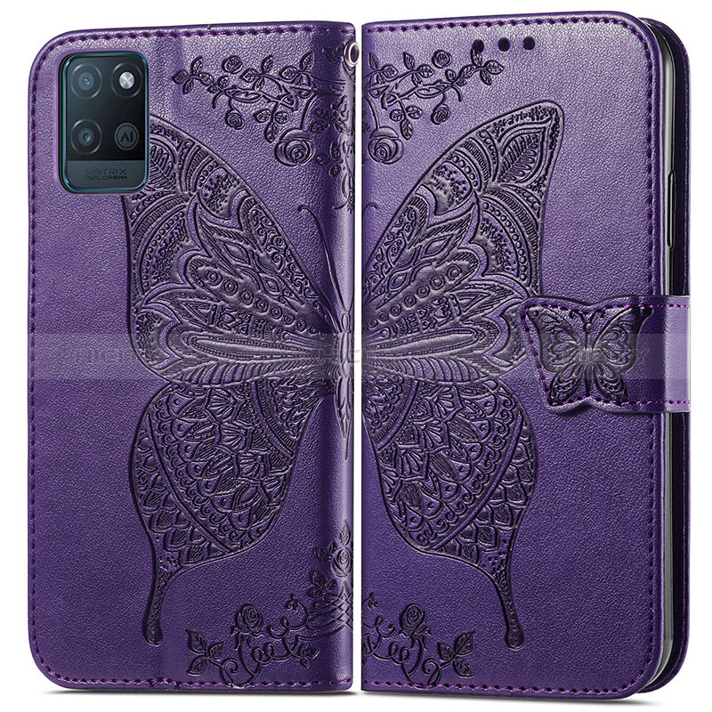 Coque Portefeuille Papillon Livre Cuir Etui Clapet pour Realme V11 5G Violet Plus