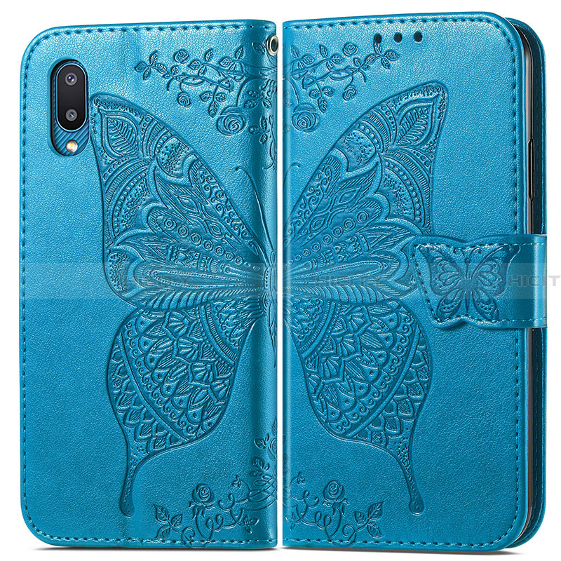 Coque Portefeuille Papillon Livre Cuir Etui Clapet pour Samsung Galaxy A02 Bleu Plus