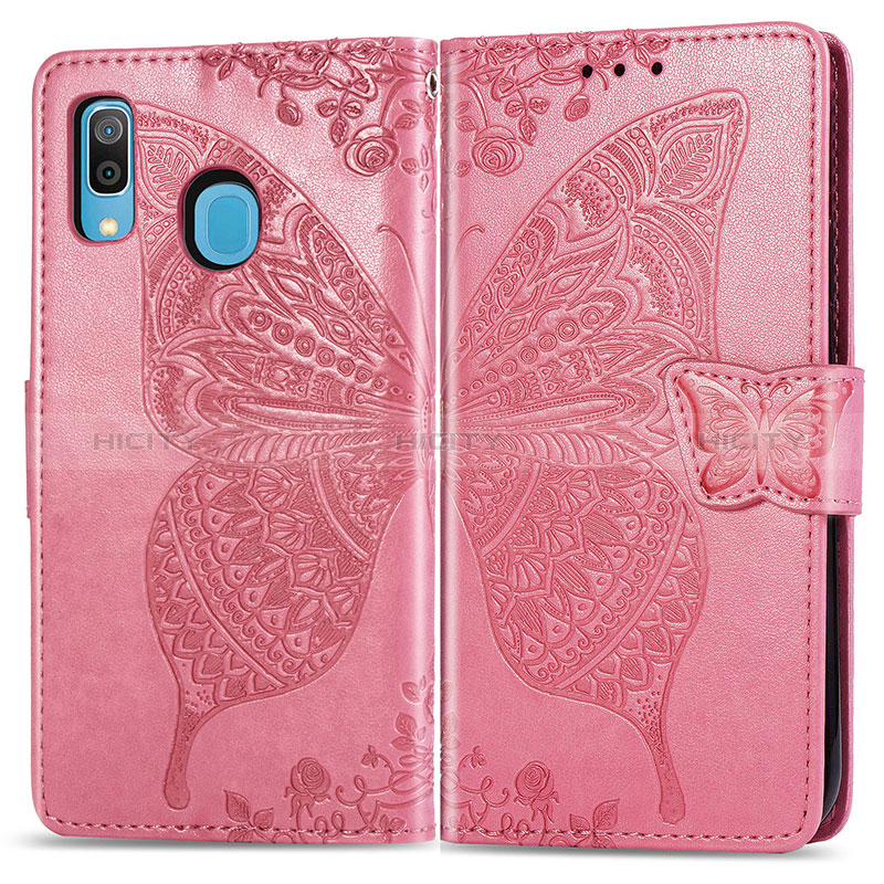 Coque Portefeuille Papillon Livre Cuir Etui Clapet pour Samsung Galaxy A20 Rose Rouge Plus