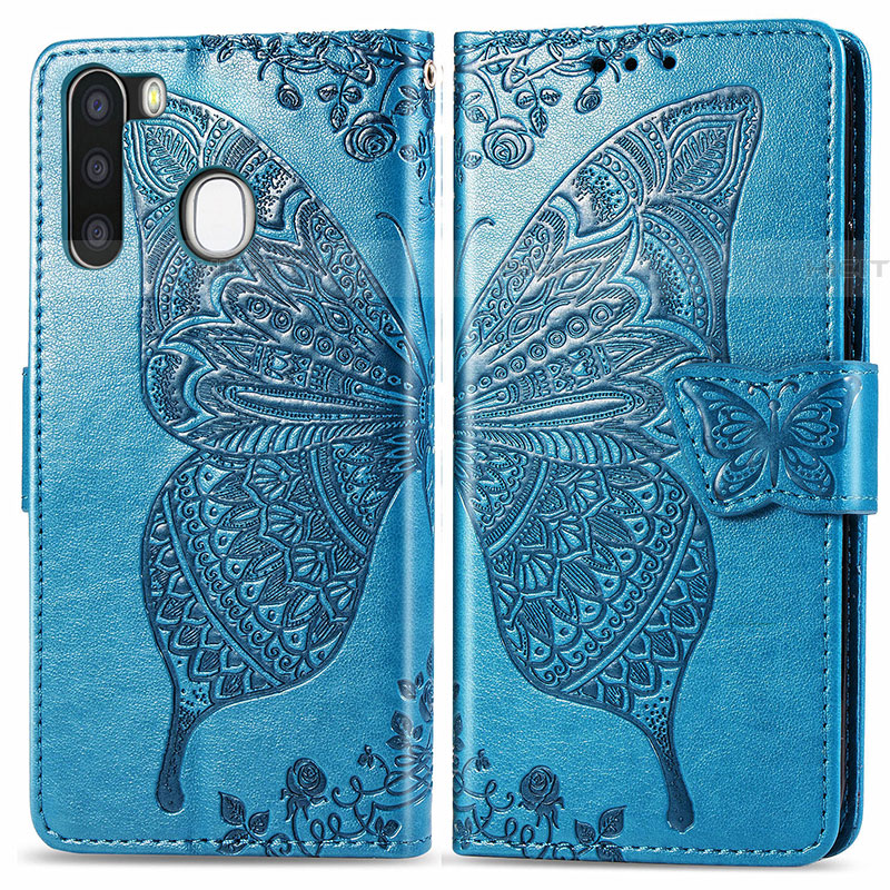 Coque Portefeuille Papillon Livre Cuir Etui Clapet pour Samsung Galaxy A21 European Bleu Plus