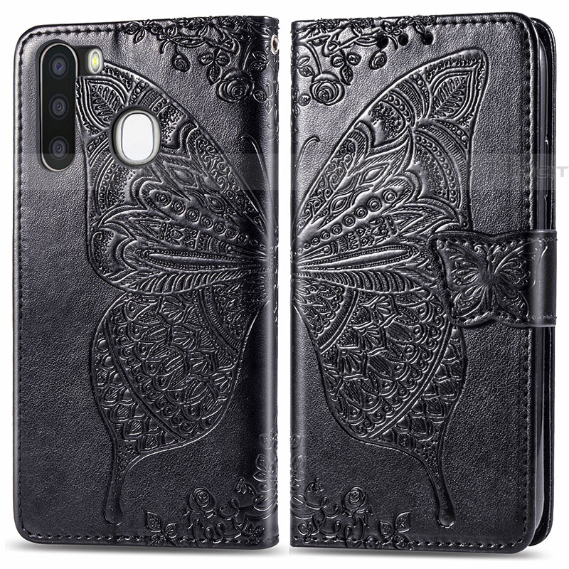 Coque Portefeuille Papillon Livre Cuir Etui Clapet pour Samsung Galaxy A21 European Noir Plus