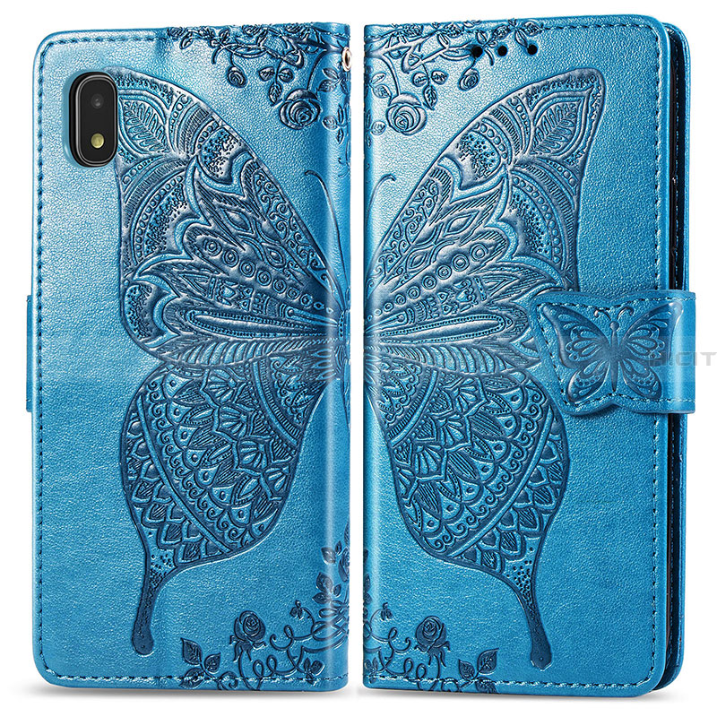 Coque Portefeuille Papillon Livre Cuir Etui Clapet pour Samsung Galaxy A21 SC-42A Bleu Plus