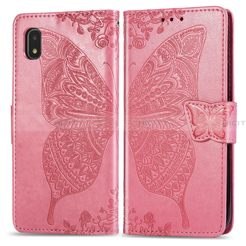 Coque Portefeuille Papillon Livre Cuir Etui Clapet pour Samsung Galaxy A21 SC-42A Rose Rouge Plus