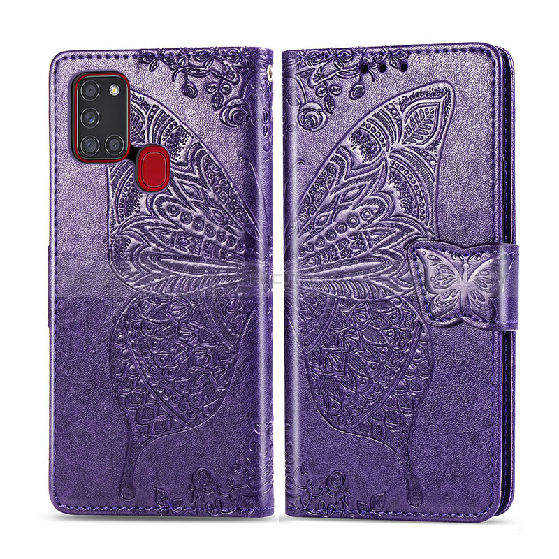 Coque Portefeuille Papillon Livre Cuir Etui Clapet pour Samsung Galaxy A21s Violet Plus