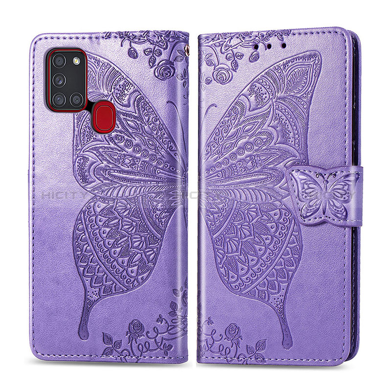 Coque Portefeuille Papillon Livre Cuir Etui Clapet pour Samsung Galaxy A21s Violet Clair Plus