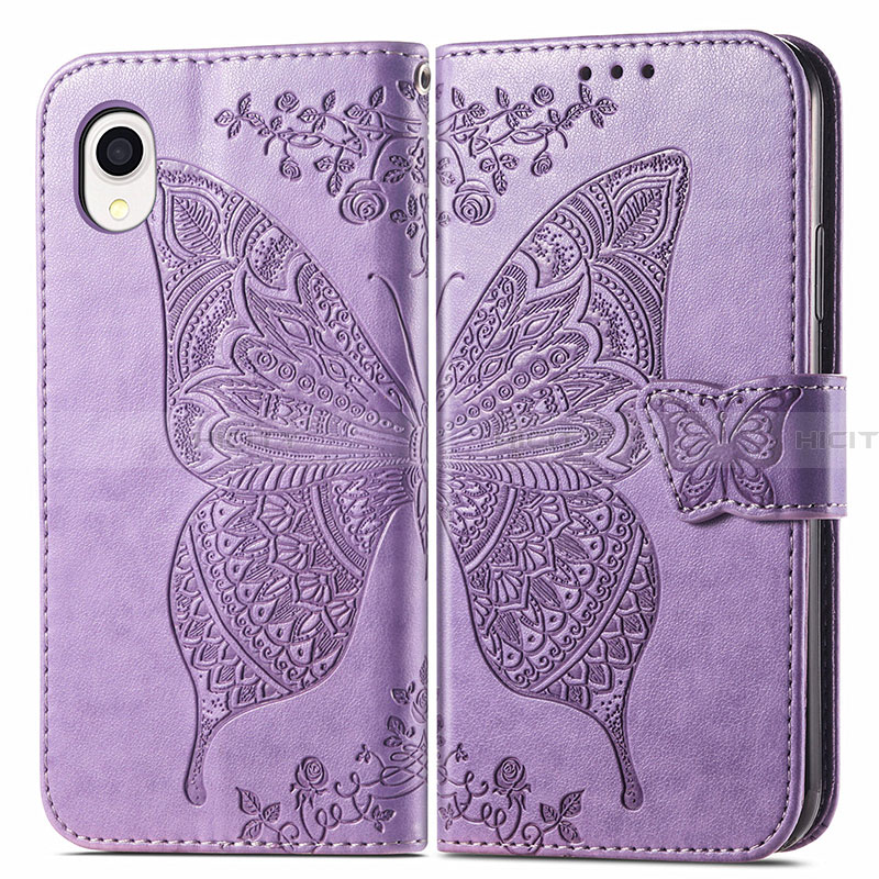 Coque Portefeuille Papillon Livre Cuir Etui Clapet pour Samsung Galaxy A22 5G SC-56B Violet Clair Plus