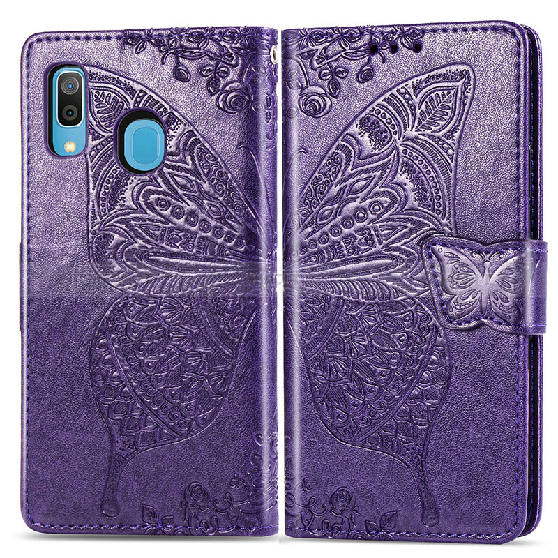 Coque Portefeuille Papillon Livre Cuir Etui Clapet pour Samsung Galaxy A30 Violet Plus