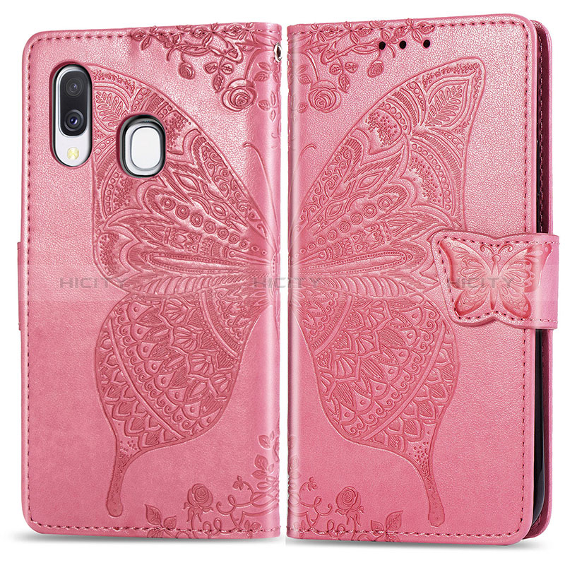 Coque Portefeuille Papillon Livre Cuir Etui Clapet pour Samsung Galaxy A40 Rose Rouge Plus