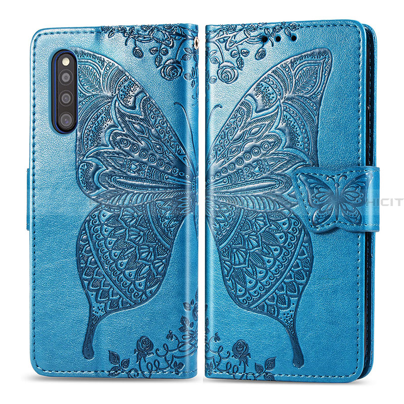 Coque Portefeuille Papillon Livre Cuir Etui Clapet pour Samsung Galaxy A41 SC-41A Bleu Plus