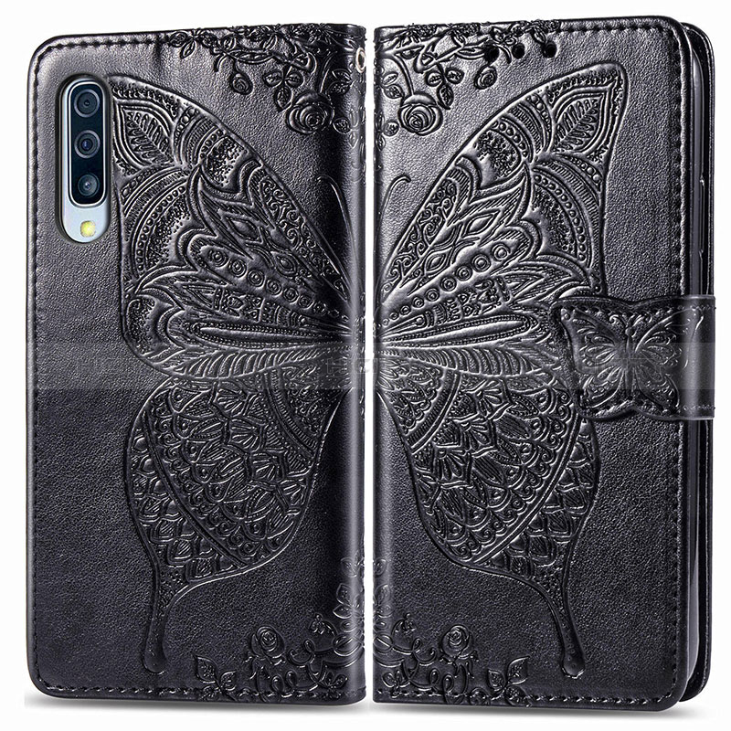 Coque Portefeuille Papillon Livre Cuir Etui Clapet pour Samsung Galaxy A50 Noir Plus