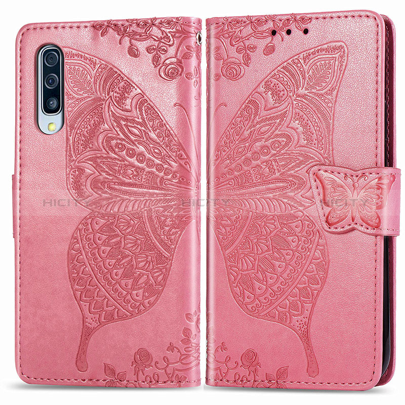 Coque Portefeuille Papillon Livre Cuir Etui Clapet pour Samsung Galaxy A50S Rose Rouge Plus