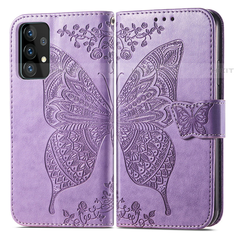 Coque Portefeuille Papillon Livre Cuir Etui Clapet pour Samsung Galaxy A52 4G Violet Clair Plus