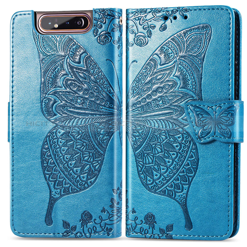 Coque Portefeuille Papillon Livre Cuir Etui Clapet pour Samsung Galaxy A80 Bleu Plus