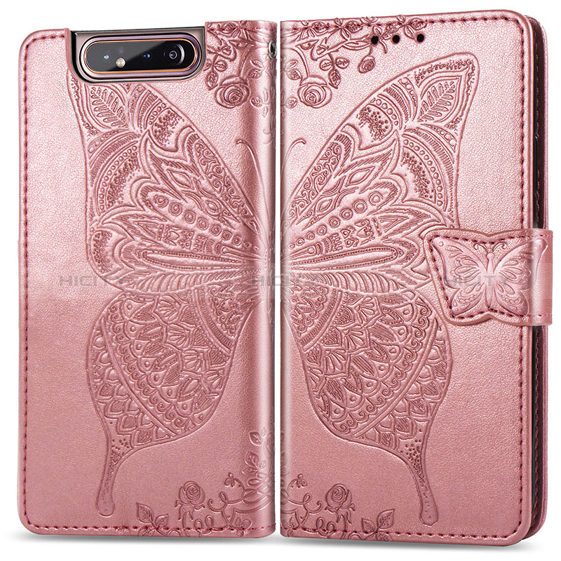 Coque Portefeuille Papillon Livre Cuir Etui Clapet pour Samsung Galaxy A80 Rose Plus