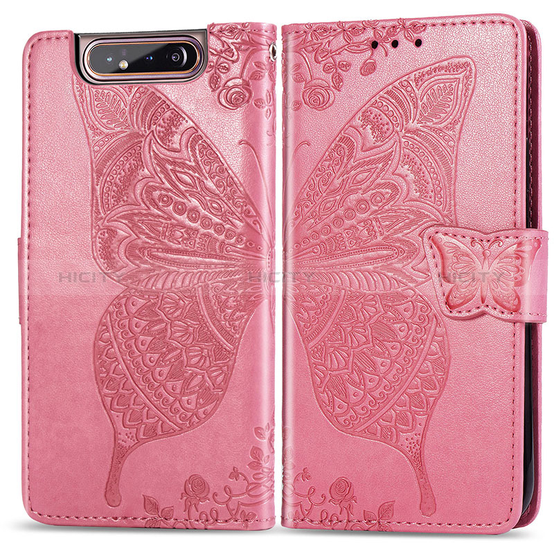 Coque Portefeuille Papillon Livre Cuir Etui Clapet pour Samsung Galaxy A80 Rose Rouge Plus