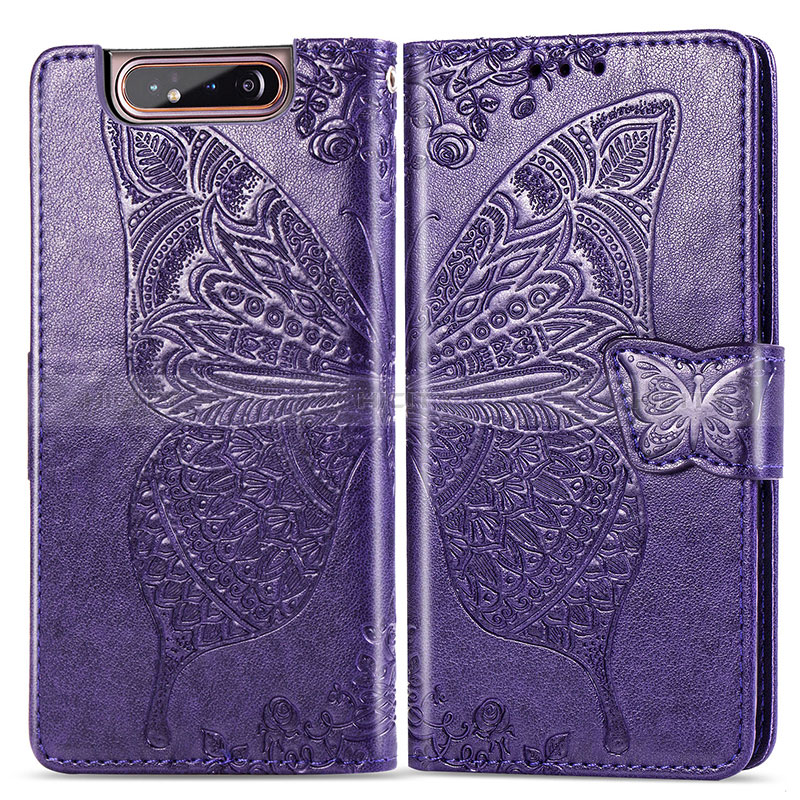 Coque Portefeuille Papillon Livre Cuir Etui Clapet pour Samsung Galaxy A80 Violet Plus