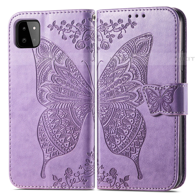 Coque Portefeuille Papillon Livre Cuir Etui Clapet pour Samsung Galaxy F42 5G Violet Clair Plus