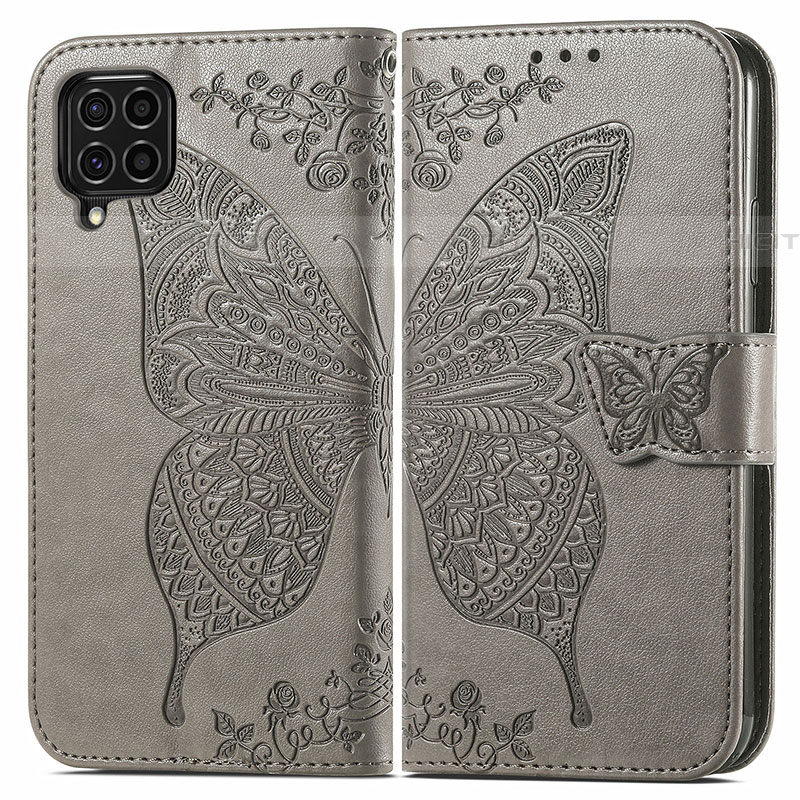 Coque Portefeuille Papillon Livre Cuir Etui Clapet pour Samsung Galaxy F62 5G Gris Plus