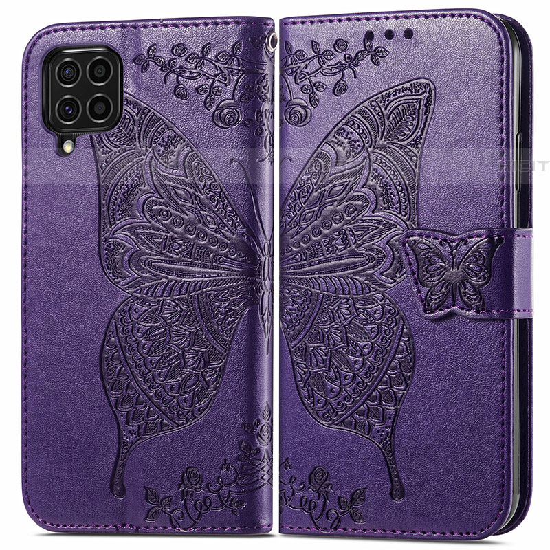 Coque Portefeuille Papillon Livre Cuir Etui Clapet pour Samsung Galaxy F62 5G Violet Plus