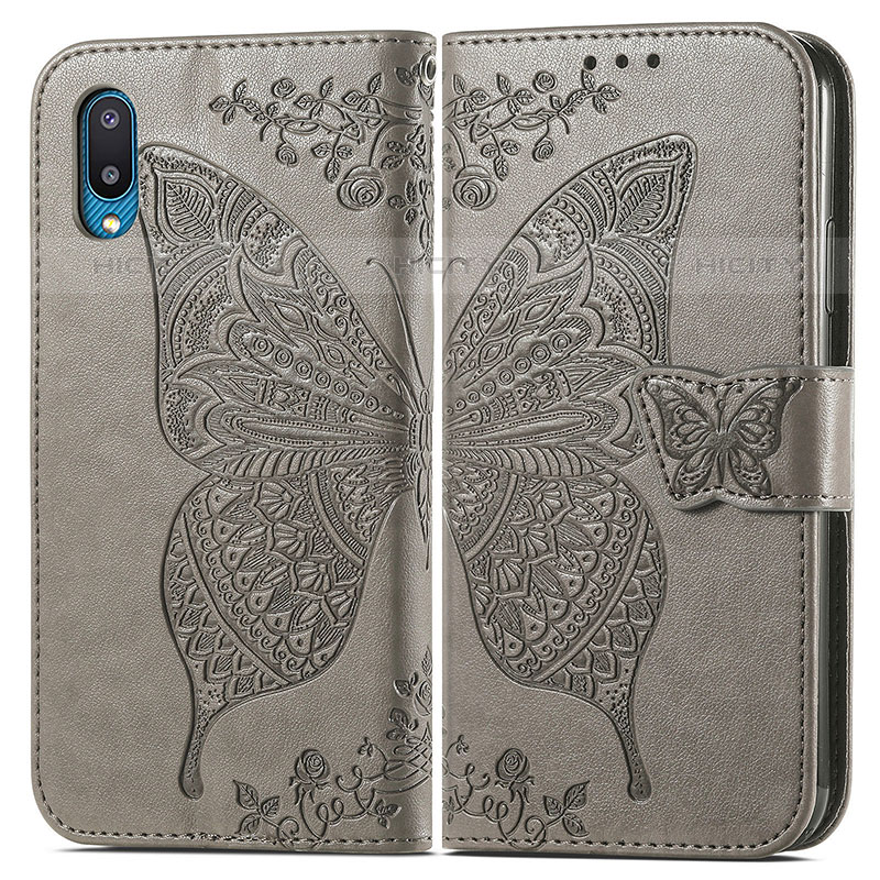 Coque Portefeuille Papillon Livre Cuir Etui Clapet pour Samsung Galaxy M02 Gris Plus