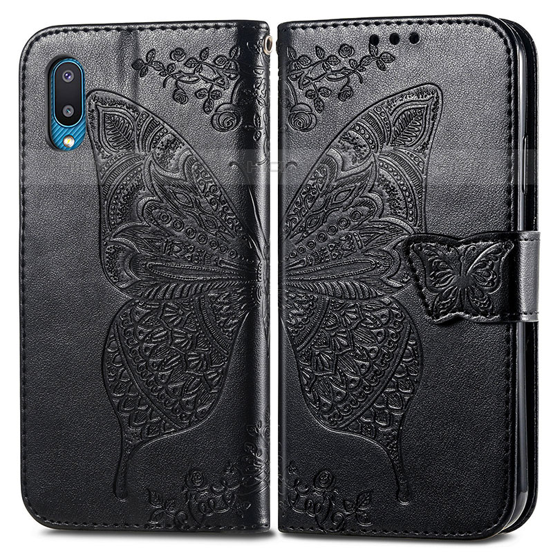 Coque Portefeuille Papillon Livre Cuir Etui Clapet pour Samsung Galaxy M02 Noir Plus