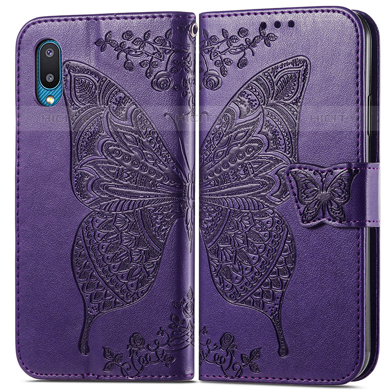 Coque Portefeuille Papillon Livre Cuir Etui Clapet pour Samsung Galaxy M02 Violet Plus