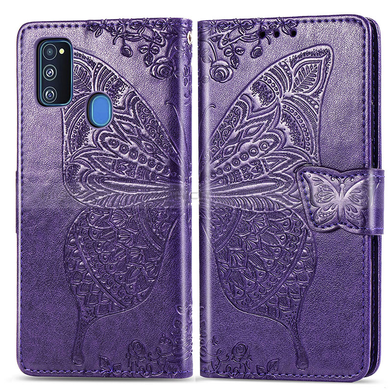 Coque Portefeuille Papillon Livre Cuir Etui Clapet pour Samsung Galaxy M21 Violet Plus