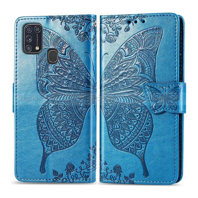 Coque Portefeuille Papillon Livre Cuir Etui Clapet pour Samsung Galaxy M21s Bleu Plus